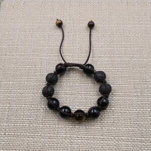7 Inch Lava Stone Tiger's Eye Black Obsidian Adjustable Bracelet B1120